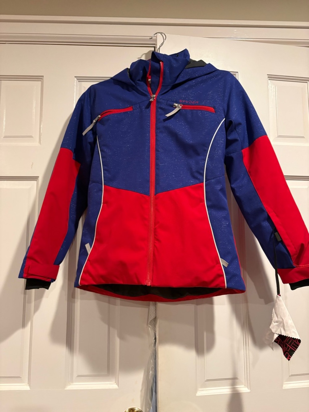 Spyder Kids Blue and Red Colorblock Puffer Jacket with Hood
